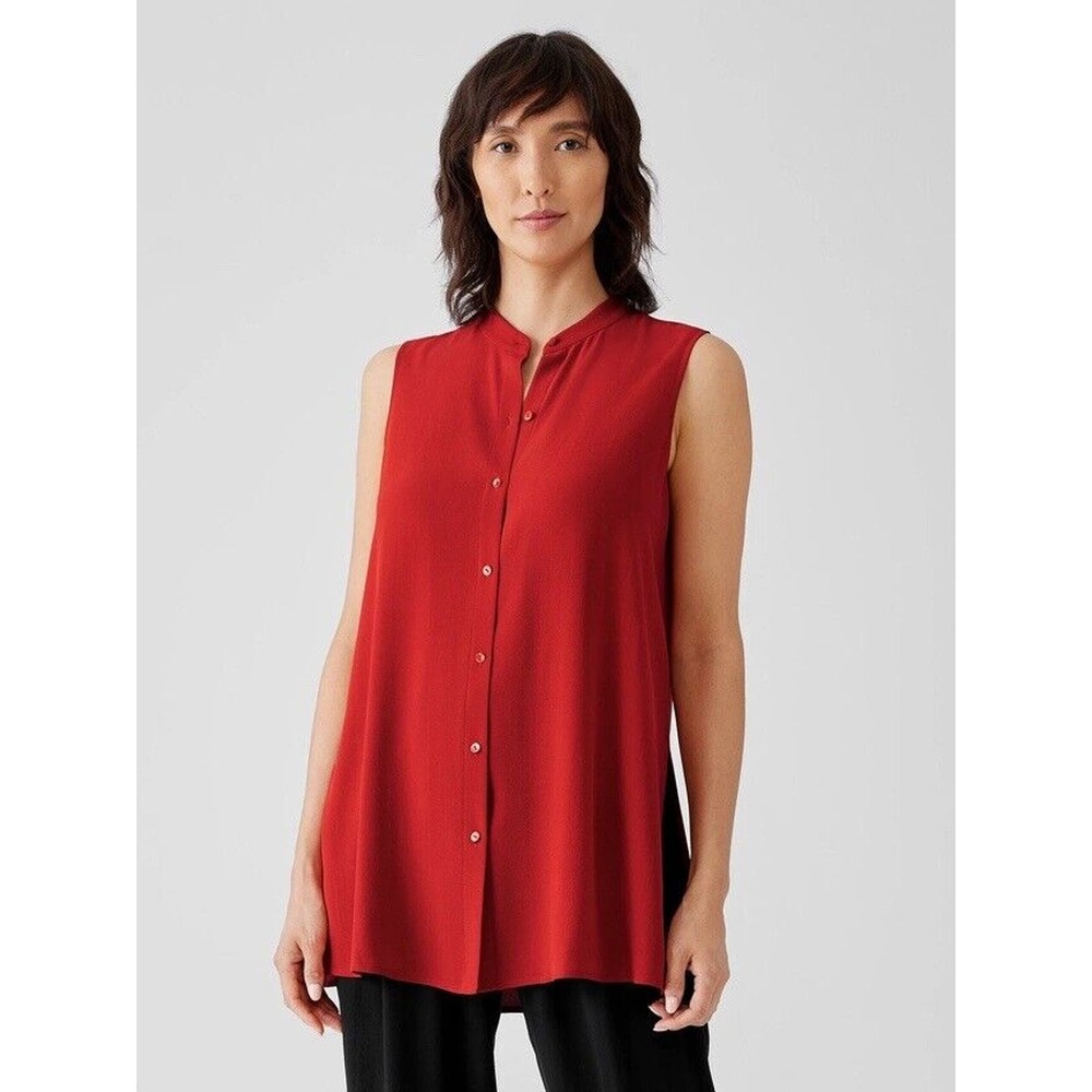 Eileen Fisher NWOT Silk Georgette Crepe Sleeveless Shirt In CINNABAR Size Small